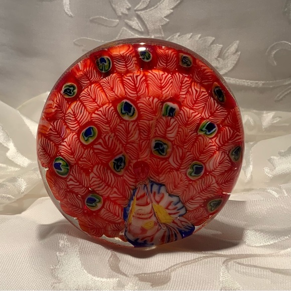 Glass Peacock Paperweight - Red Millefiori - Picture 1 of 6